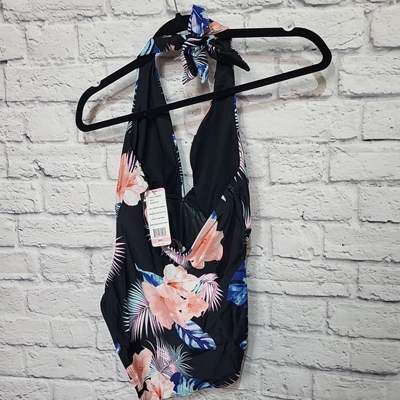 DKNY Women's Small One Tummy Control Swimsuit Black Floral Print Halter - Picture 3 of 8
